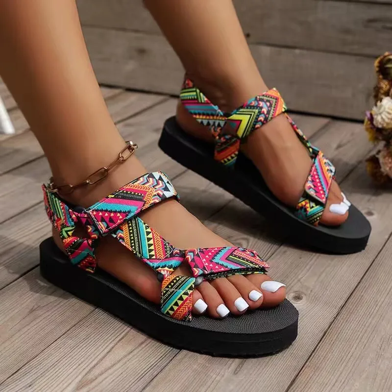 Velcro Strap Sandal - Women Ethnic Print Boho Platform Sandals